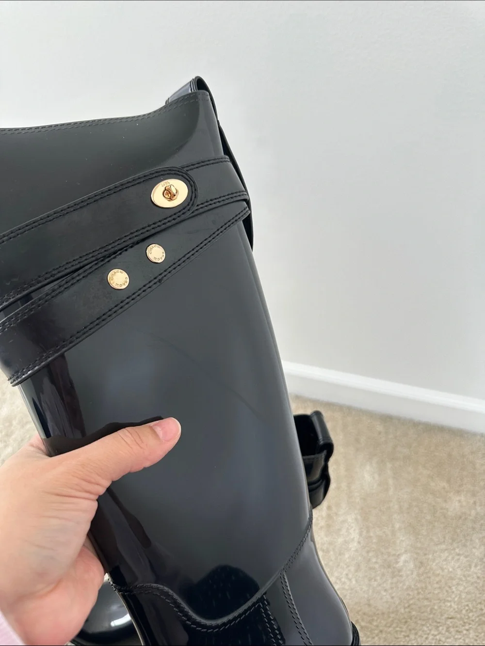 Coach Patent Black Knee-High Rain Boots with Gold Accent